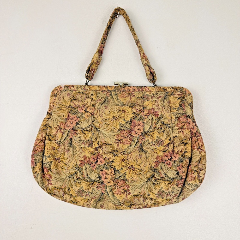 Vintage Tapestry Carpet Bag Womens Tan Floral Pleated Top Handle Kiss Lock Purse